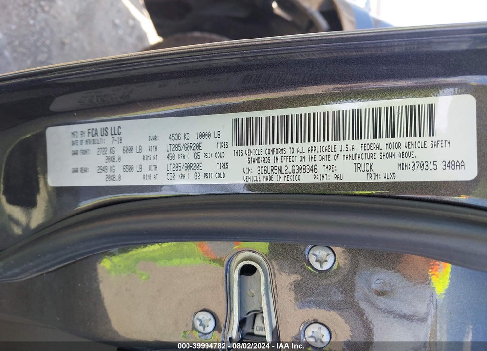 2018 RAM 2500 VIN: 3C6UR5NL2JG308346