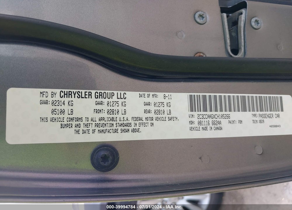 2012 CHRYSLER 300 VIN: 2C3CCAAGXCH105266