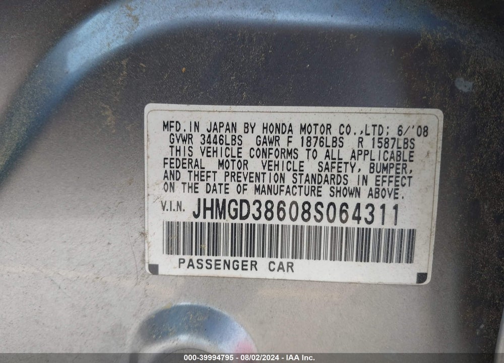 2008 HONDA FIT SPORT VIN: JHMGD38608S064311