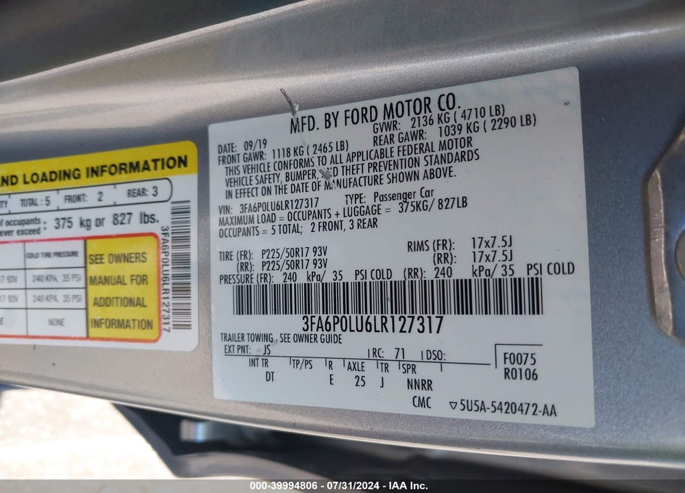 2020 FORD FUSION HYBRID SE VIN: 3FA6P0LU6LR127317