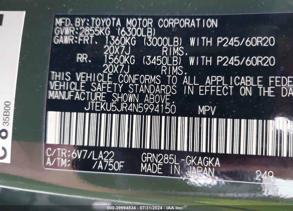 2022 TOYOTA 4RUNNER LIMITED VIN: JTEKU5JR4N5994150