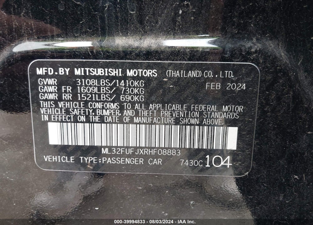 2024 MITSUBISHI MIRAGE G4 BLACK EDITION VIN: ML32FUFJXRHF08883