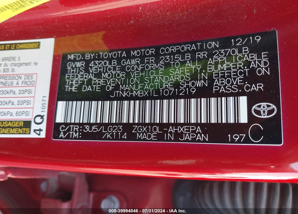 2020 TOYOTA C-HR LIMITED VIN: JTNKHMBX1L1071219