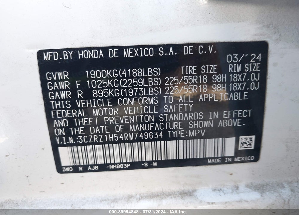 2024 HONDA HR-V 2WD SPORT/2WD SPORT W/O BSI VIN: 3CZRZ1H54RM749634