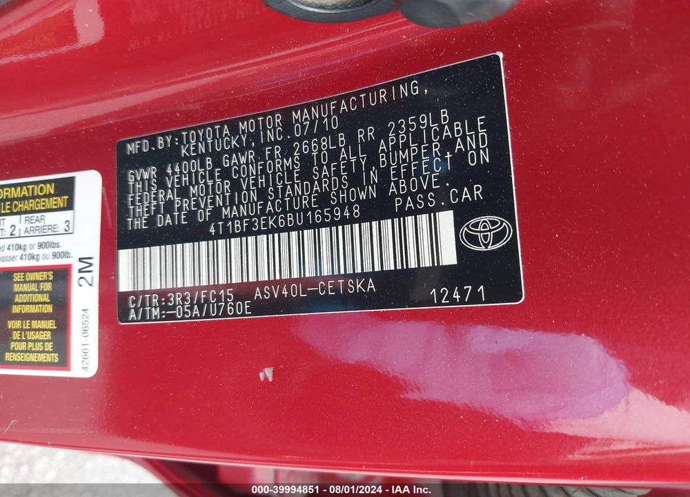 2011 TOYOTA CAMRY SE VIN: 4T1BF3EK6BU165948