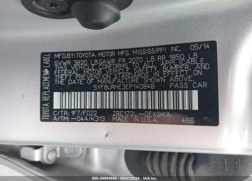 2014 TOYOTA COROLLA S PLUS VIN: 5YFBURHE3EP140848