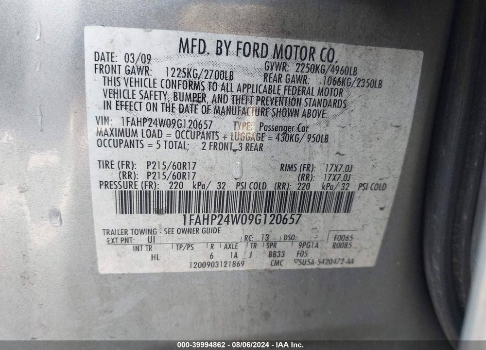 2009 FORD TAURUS SEL VIN: 1FAHP24W09G120657