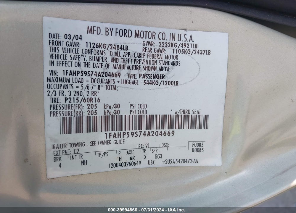2004 FORD TAURUS SEL VIN: 1FAHP59S74A204669