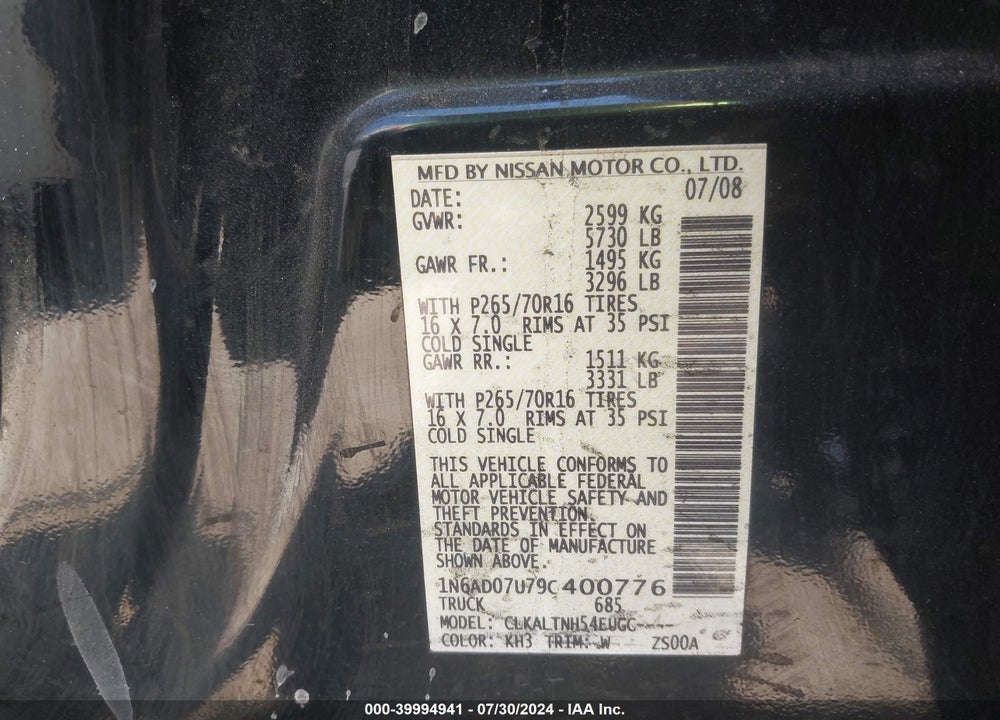 2009 NISSAN FRONTIER LE/PRO-4X/SE VIN: 1N6AD07U79C400776