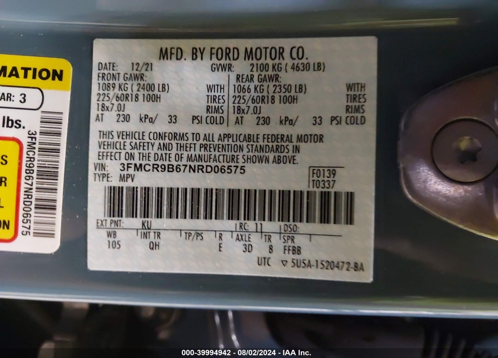 2022 FORD BRONCO SPORT BIG BEND VIN: 3FMCR9B67NRD06575