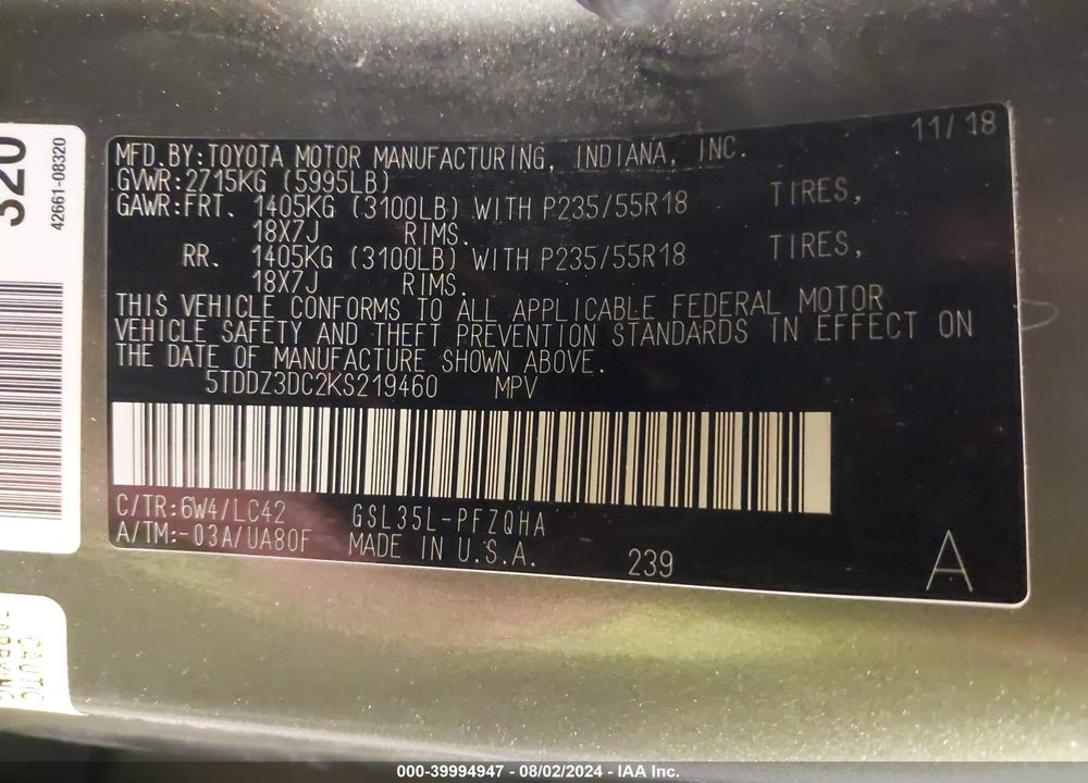2019 TOYOTA SIENNA XLE VIN: 5TDDZ3DC2KS219460