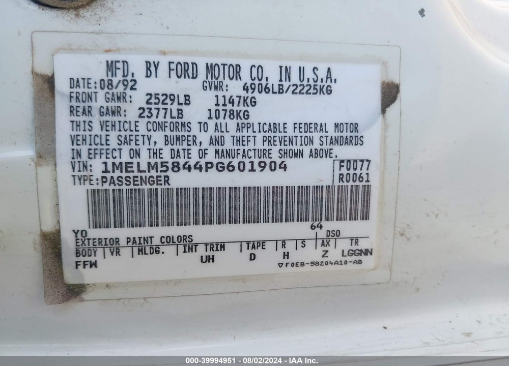 1993 MERCURY SABLE LS VIN: 1MELM5844PG601904