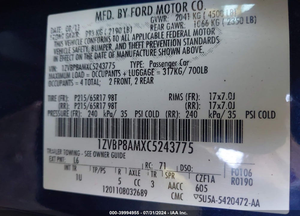 2012 FORD MUSTANG V6 VIN: 1ZVBP8AMXC5243775