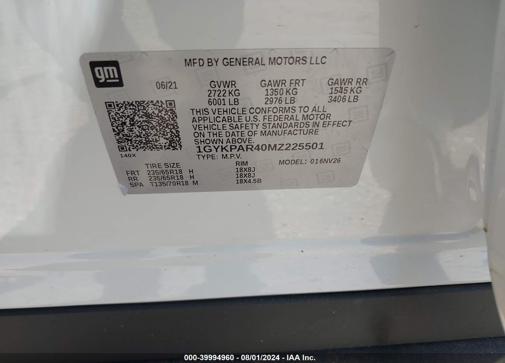 2021 CADILLAC XT6 FWD LUXURY VIN: 1GYKPAR40MZ225501