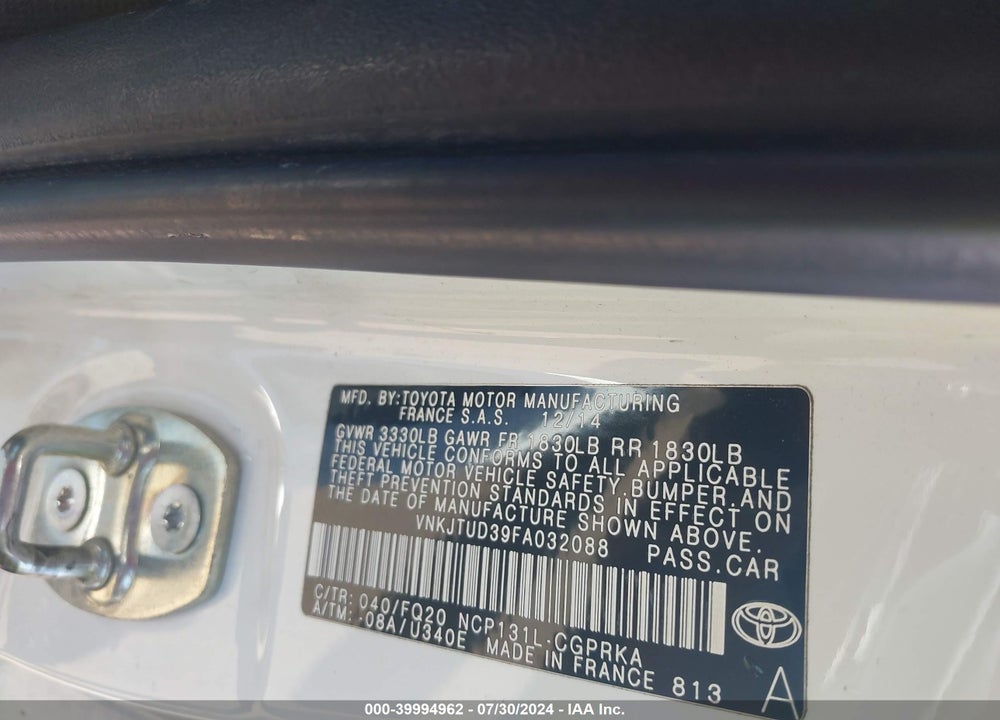 2015 TOYOTA YARIS L VIN: VNKJTUD39FA032088