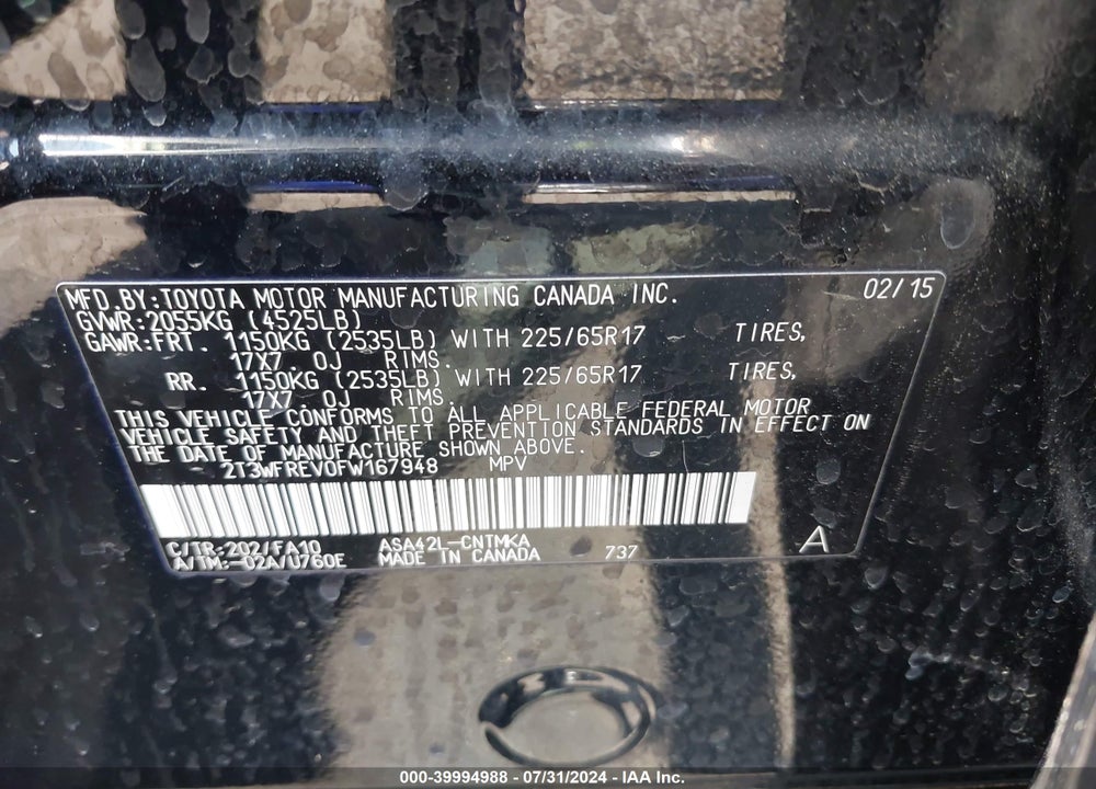 2015 TOYOTA RAV4 XLE VIN: 2T3WFREV0FW167948