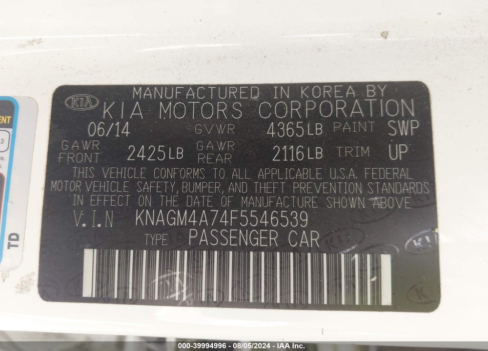 2015 KIA OPTIMA LX VIN: KNAGM4A74F5546539