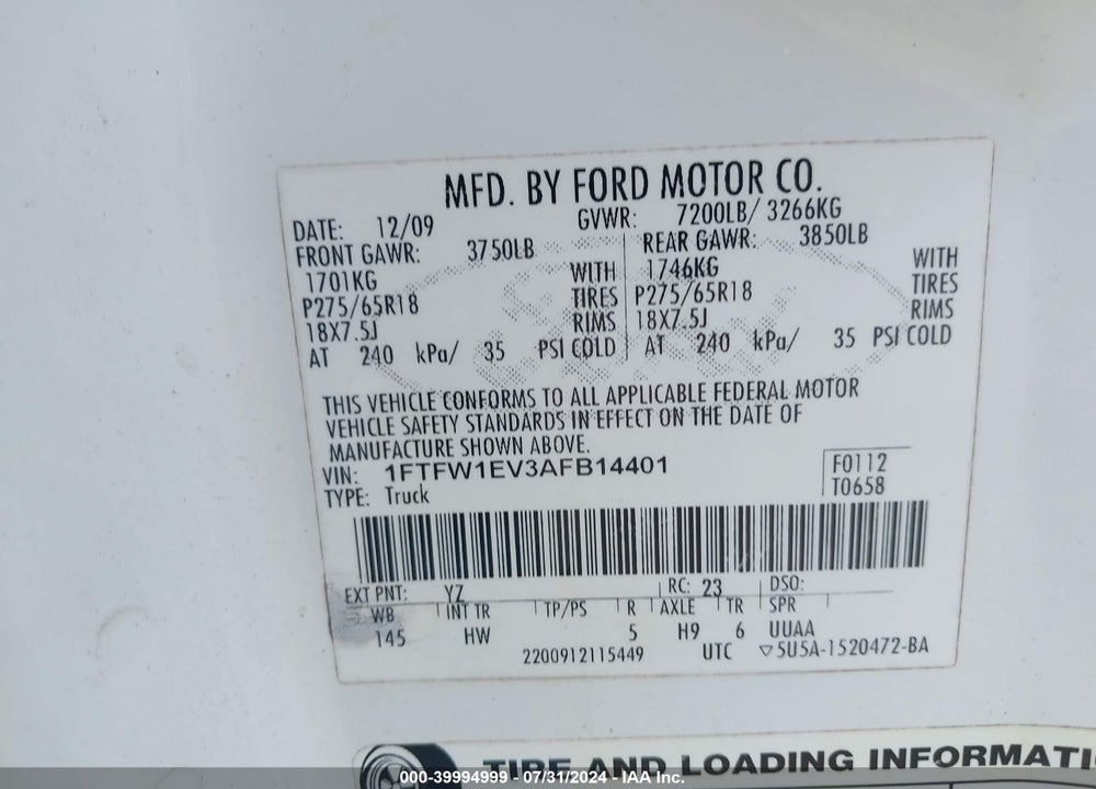 2010 FORD F-150 FX4/HARLEY-DAVIDSON/KING RANCH/LARIAT/PLATINUM/XL/XLT VIN: 1FTFW1EV3AFB14401