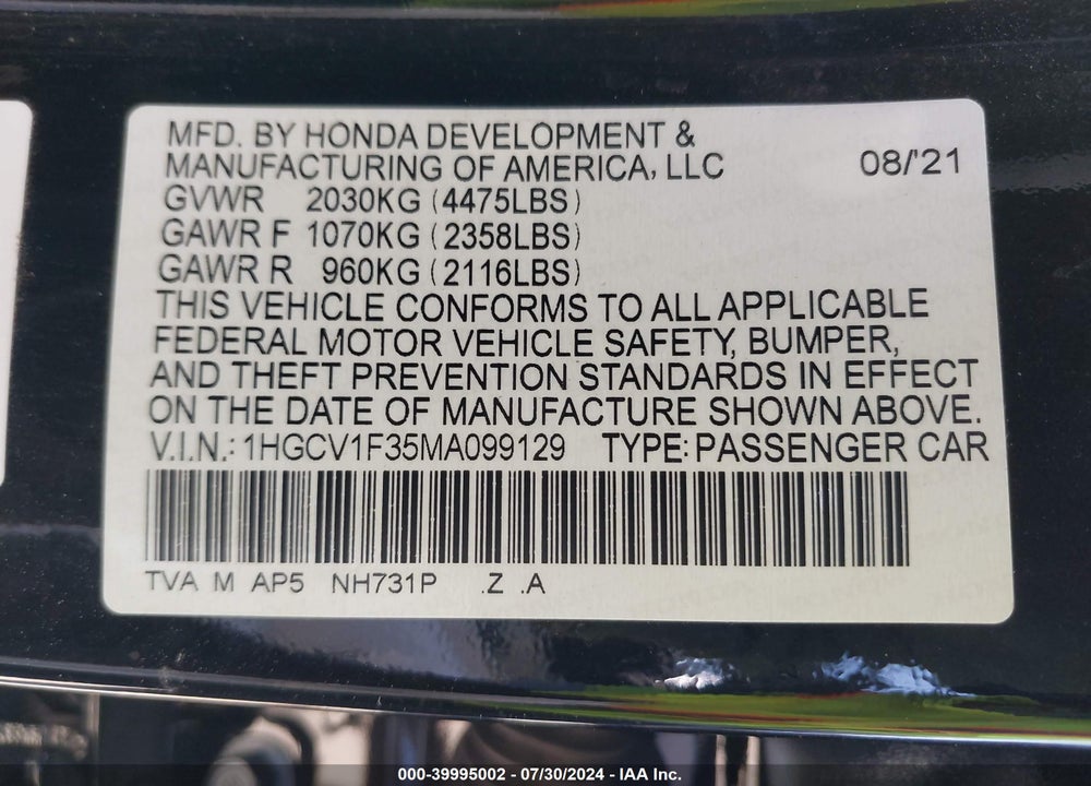 2021 HONDA ACCORD VIN: 1HGCV1F35MA099129