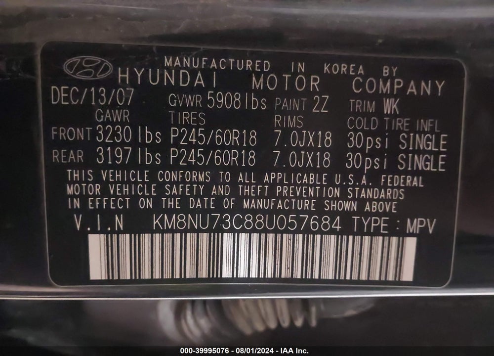 2008 HYUNDAI VERACRUZ GLS/LIMITED/SE VIN: KM8NU73C88U057684