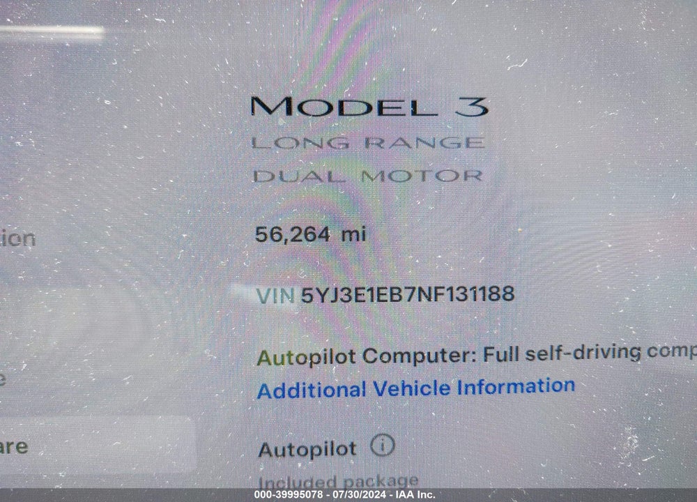 2022 TESLA MODEL 3 LONG RANGE DUAL MOTOR ALL-WHEEL DRIVE VIN: 5YJ3E1EB7NF131188