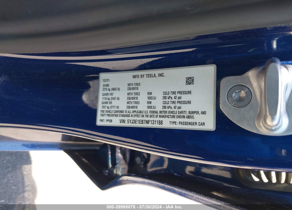 2022 TESLA MODEL 3 LONG RANGE DUAL MOTOR ALL-WHEEL DRIVE VIN: 5YJ3E1EB7NF131188
