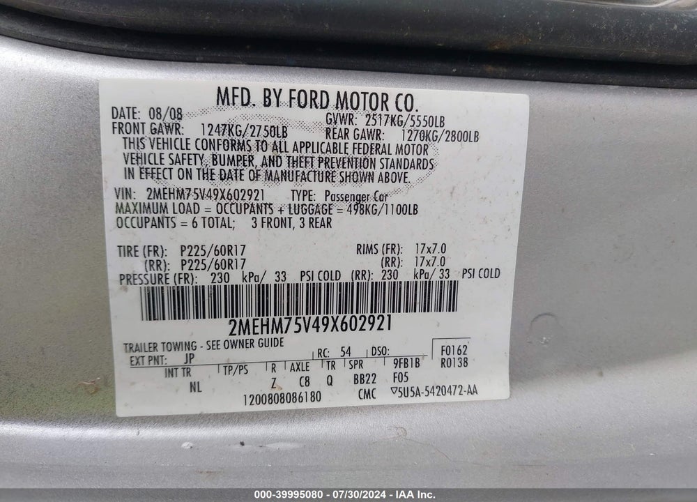 2009 MERCURY GRAND MARQUIS LS (FLEET ONLY) VIN: 2MEHM75V49X602921