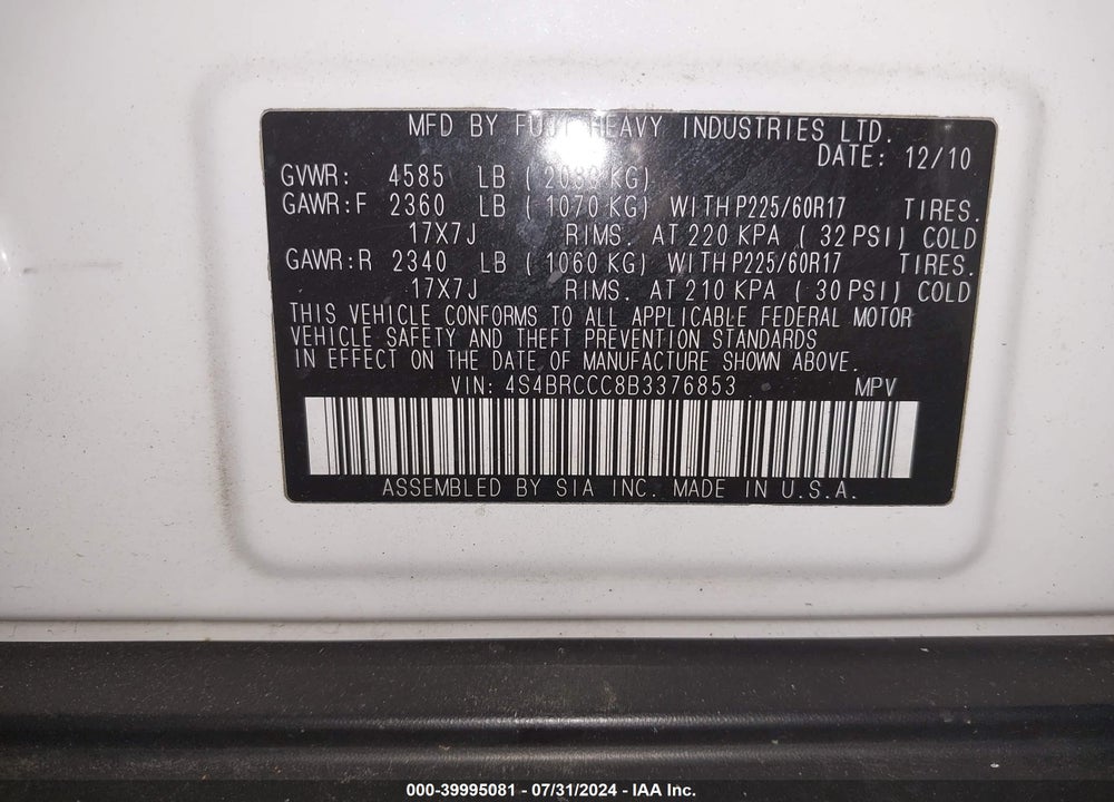 2011 SUBARU OUTBACK VIN: 4S4BRCCC8B3376853