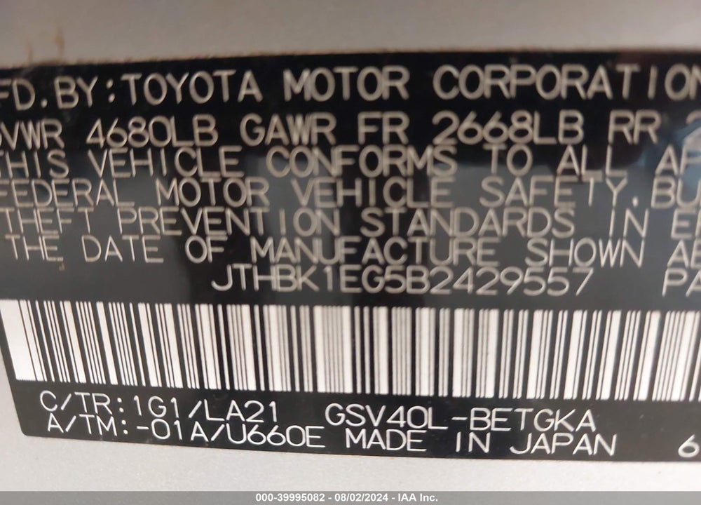 2011 LEXUS ES 350 VIN: JTHBK1EG5B2429557