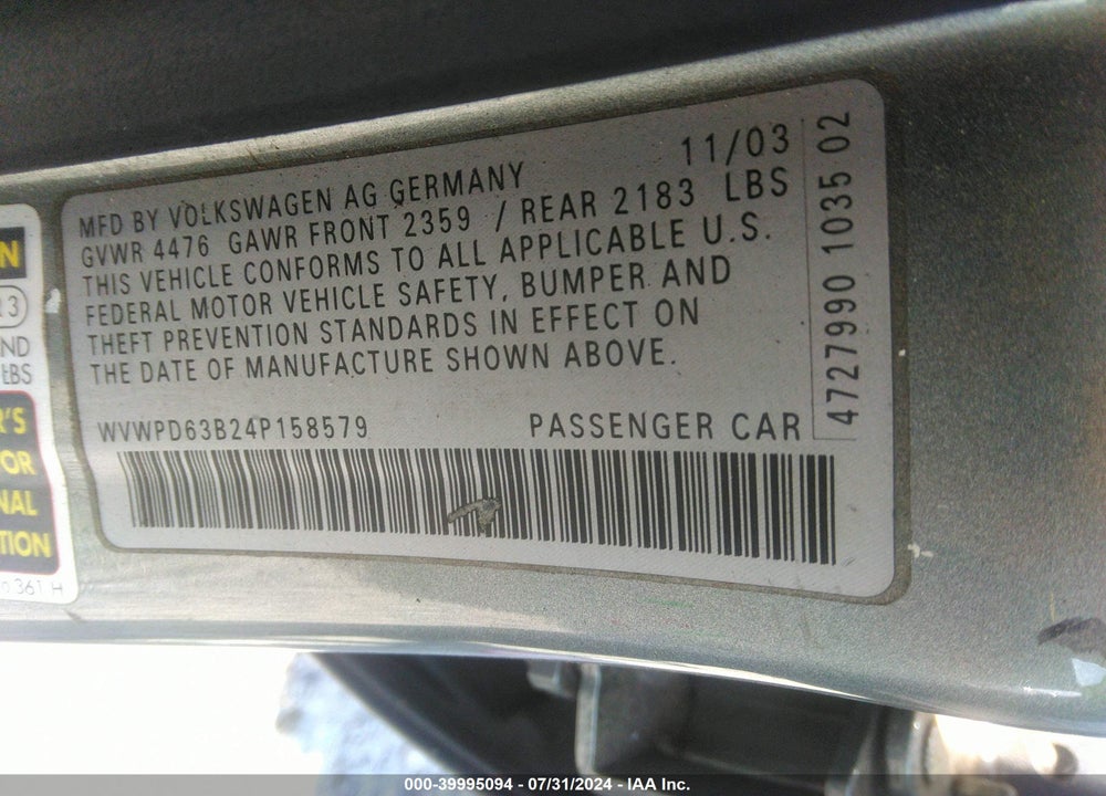 2004 VOLKSWAGEN PASSAT GLS VIN: WVWPD63B24P158579