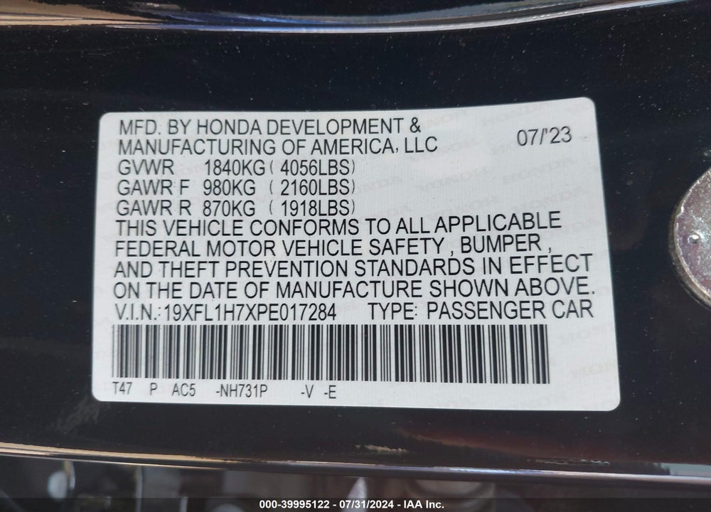 2023 HONDA CIVIC EX-L /EX-L W/O BSI VIN: 19XFL1H7XPE017284