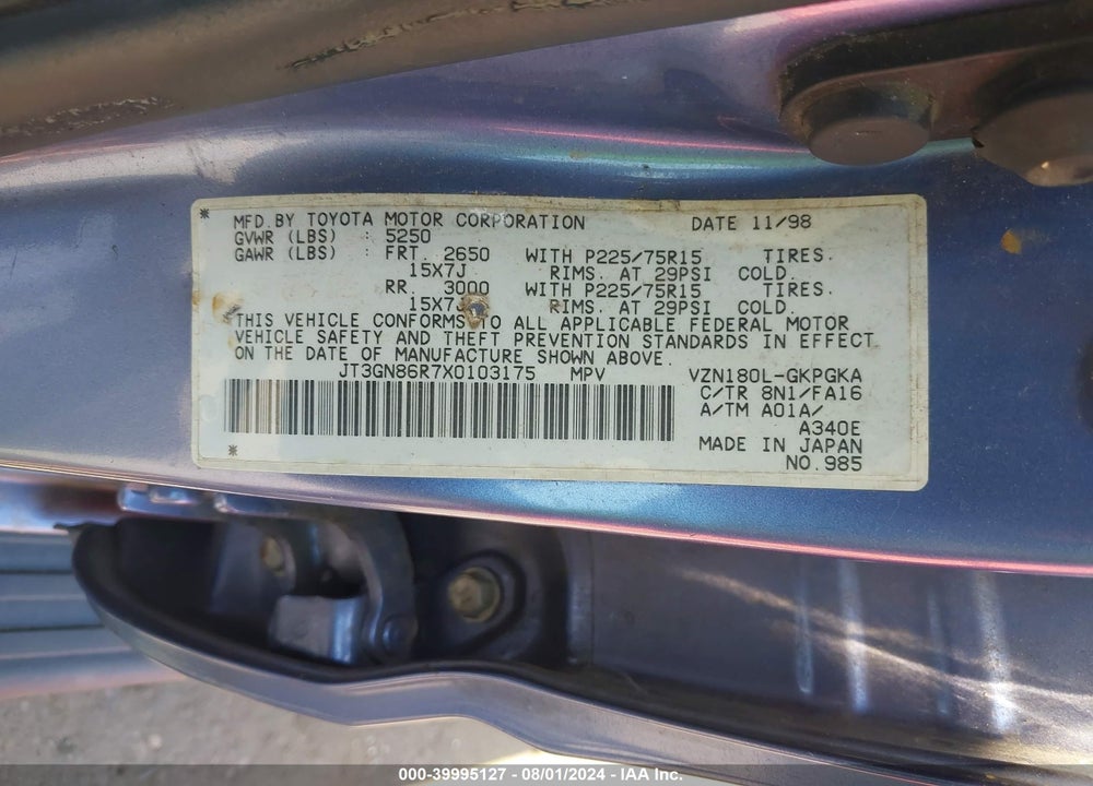 1999 TOYOTA 4RUNNER SR5 V6 VIN: JT3GN86R7X0103175