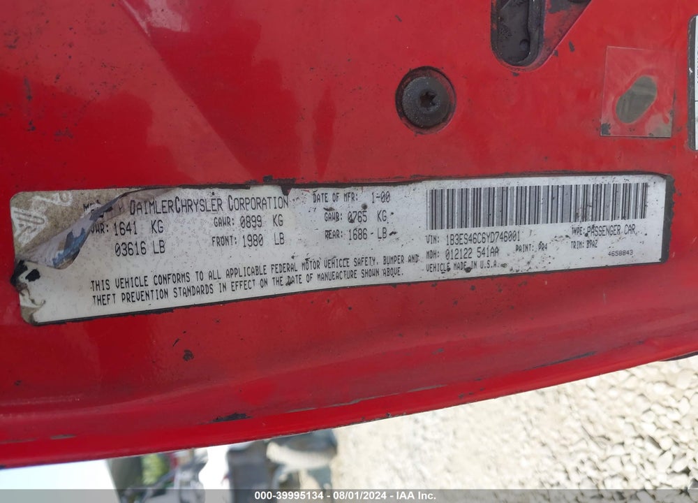 2000 DODGE NEON HIGHLINE VIN: 1B3ES46C6YD746001