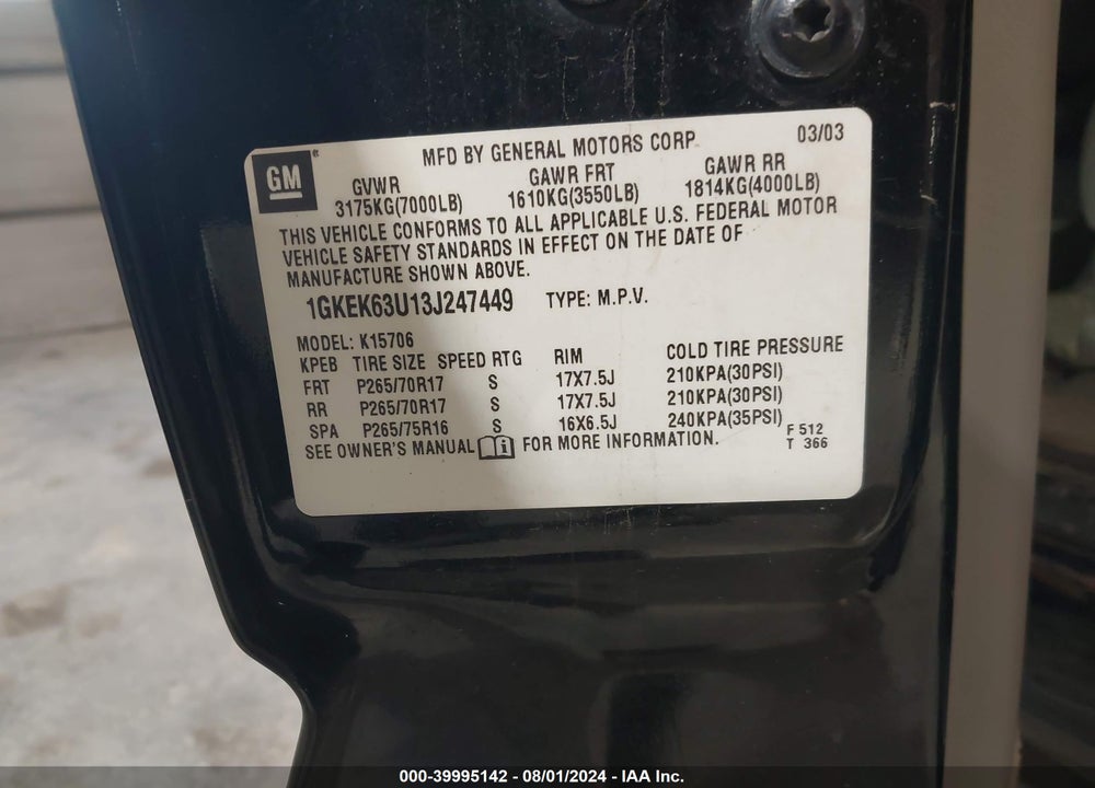 2003 GMC YUKON DENALI VIN: 1GKEK63U13J247449