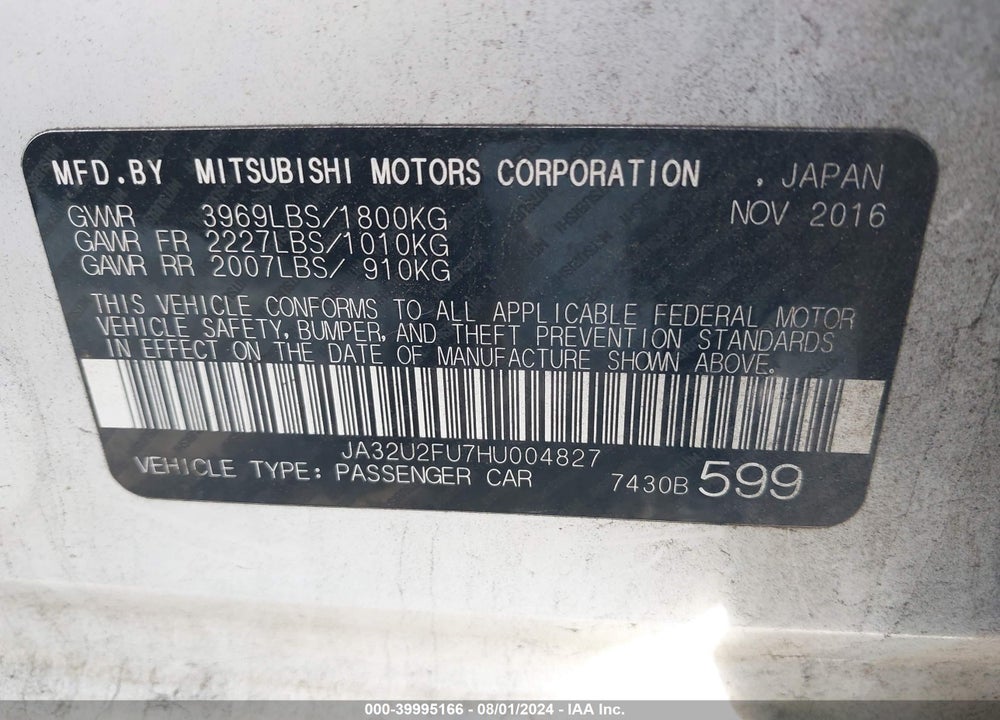 2017 MITSUBISHI LANCER ES VIN: JA32U2FU7HU004827