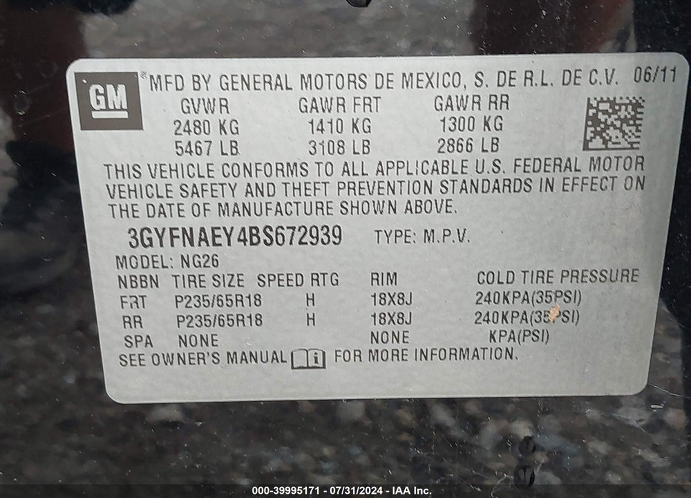 2011 CADILLAC SRX LUXURY COLLECTION VIN: 3GYFNAEY4BS672939