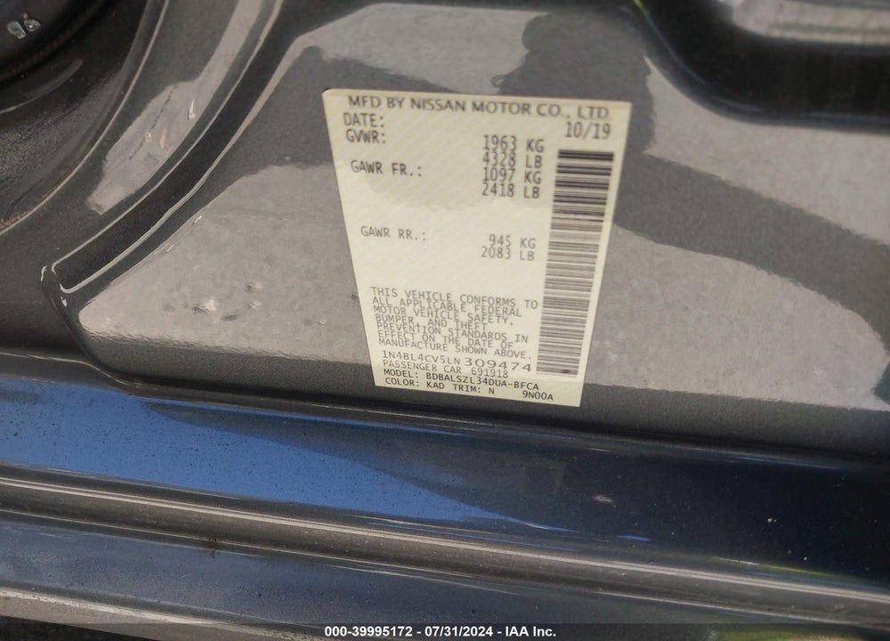 2020 NISSAN ALTIMA SR FWD VIN: 1N4BL4CV5LN309474