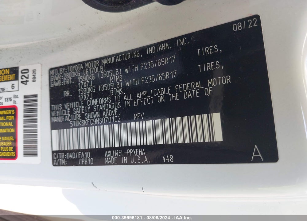 2022 TOYOTA SIENNA LE VIN: 5TDKSKFC9NS070102
