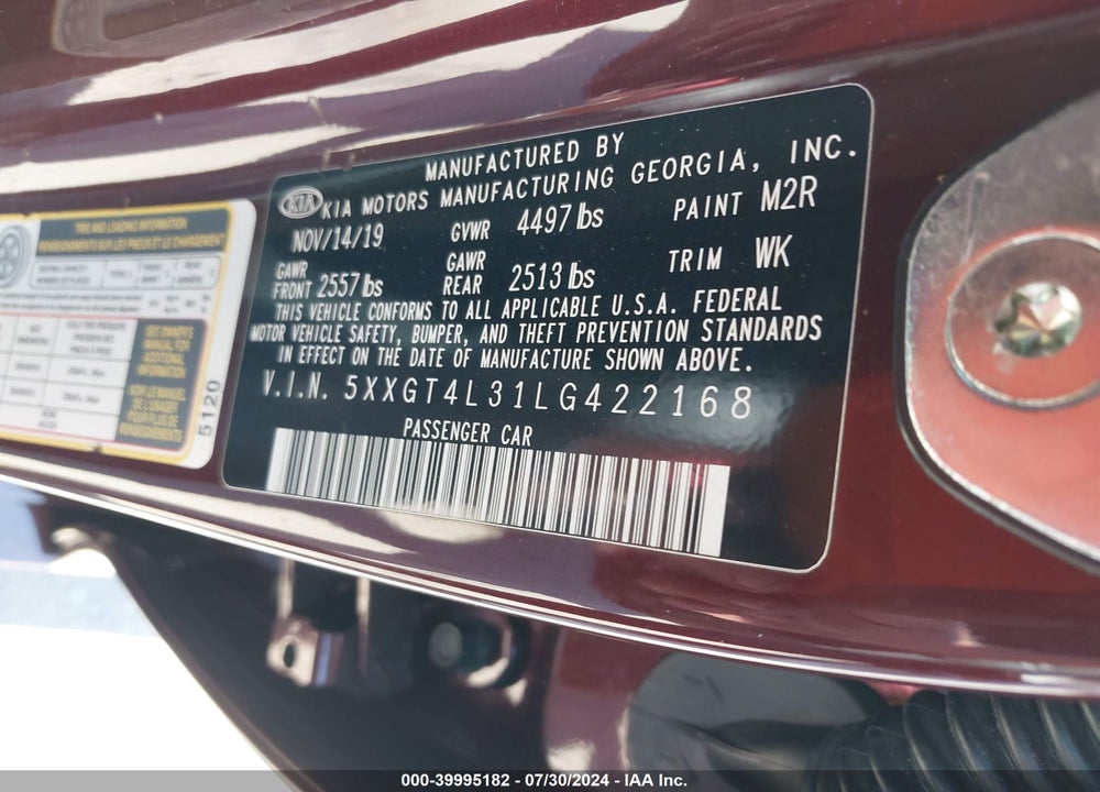 2020 KIA OPTIMA LX VIN: 5XXGT4L31LG422168