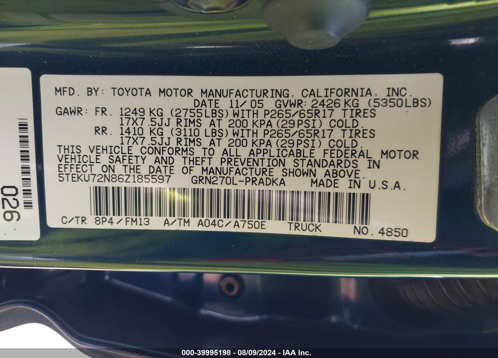 2006 TOYOTA TACOMA PRERUNNER V6 VIN: 5TEKU72N86Z185597