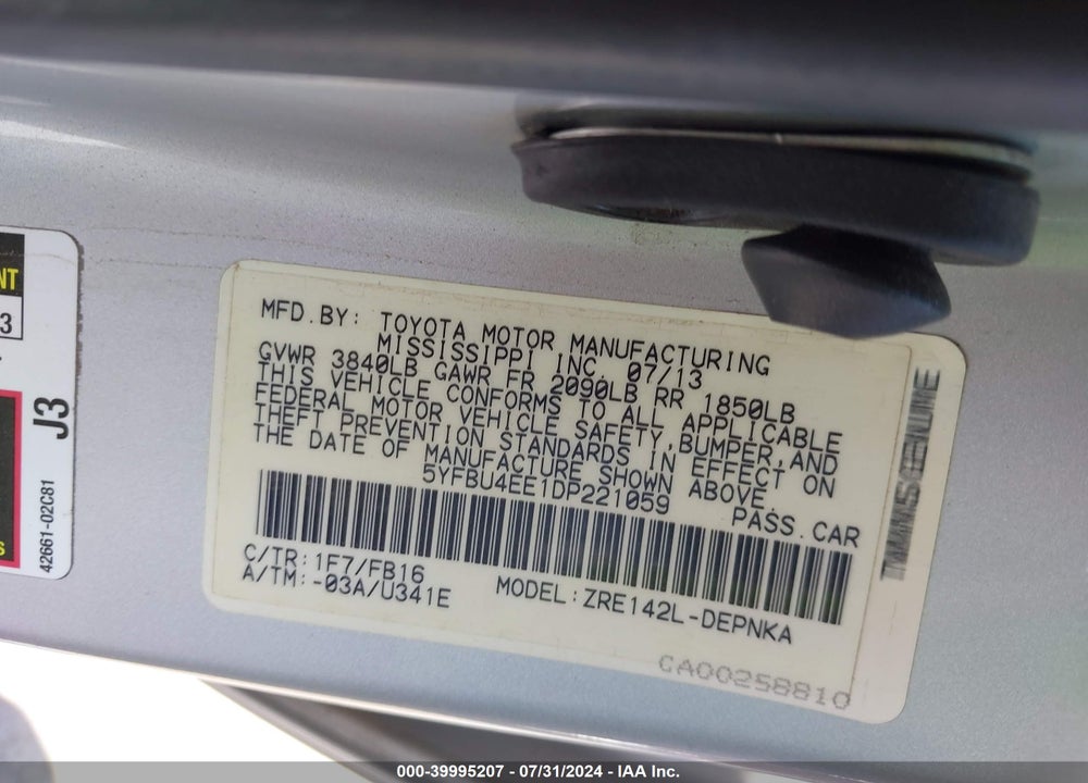 2013 TOYOTA COROLLA LE VIN: 5YFBU4EE1DP221059