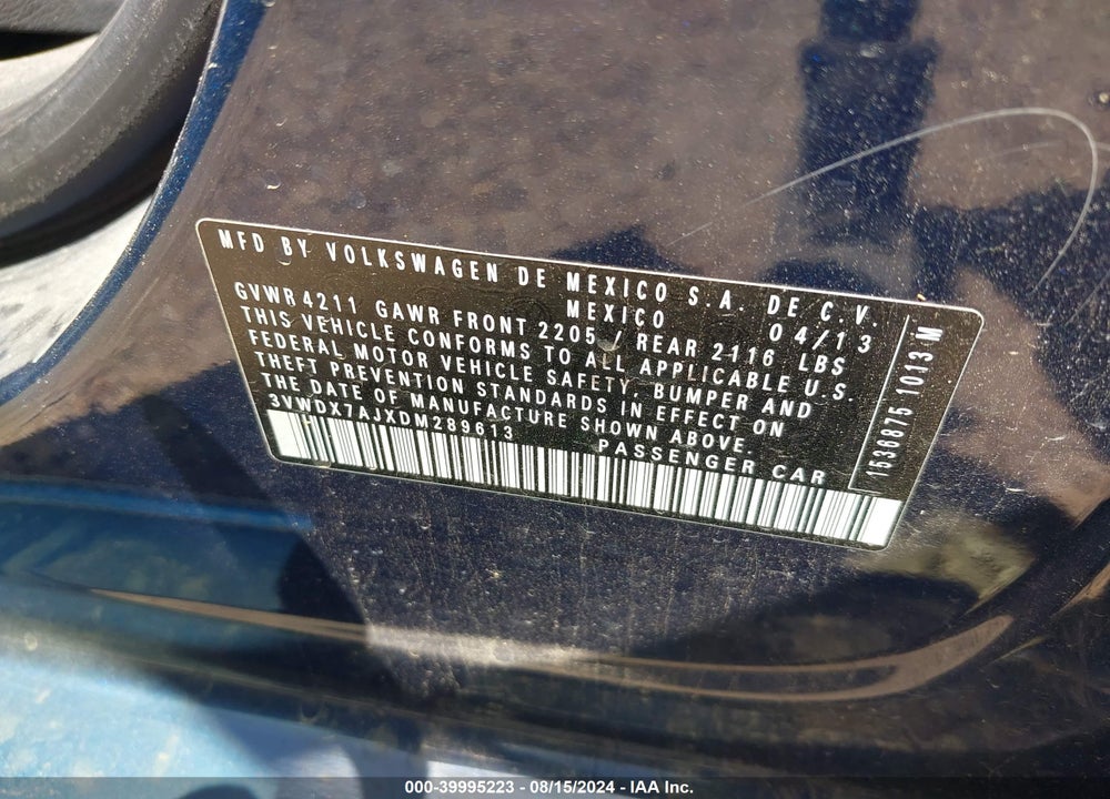 2013 VOLKSWAGEN JETTA 2.5L SE VIN: 3VWDX7AJXDM289613