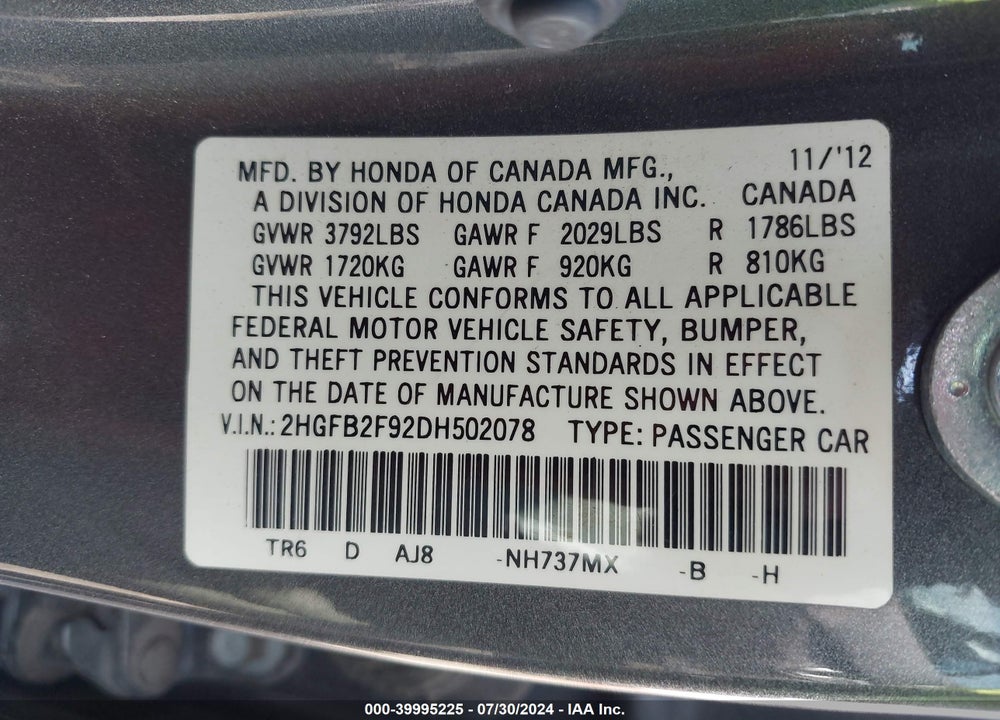 2013 HONDA CIVIC EX-L VIN: 2HGFB2F92DH502078