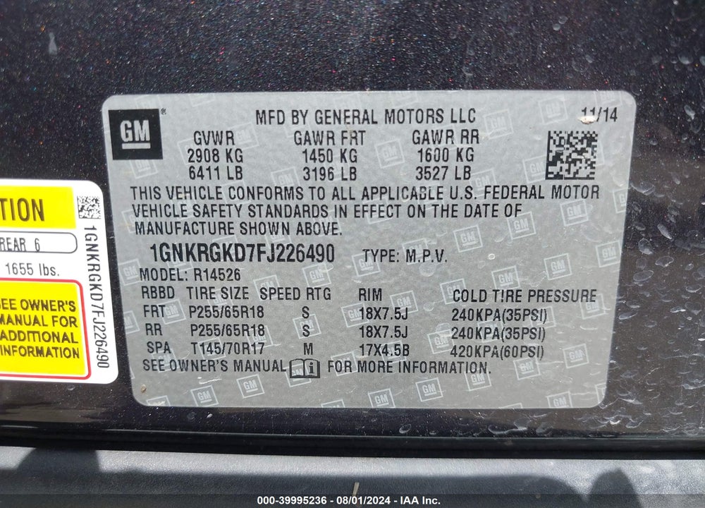 2015 CHEVROLET TRAVERSE 1LT VIN: 1GNKRGKD7FJ226490