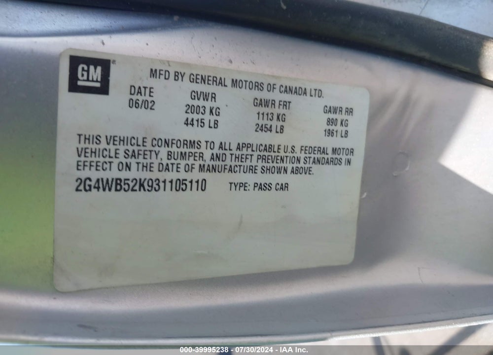2003 BUICK REGAL LS VIN: 2G4WB52K931105110