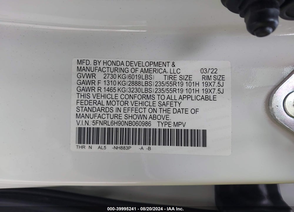 2022 HONDA ODYSSEY ELITE VIN: 5FNRL6H90NB060986