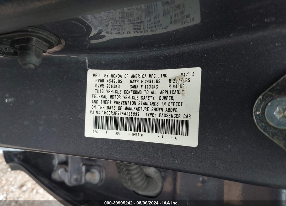 2015 HONDA ACCORD EX-L V-6 VIN: 1HGCR3F83FA026999