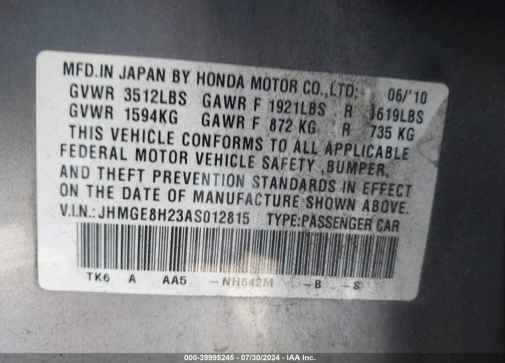 2010 HONDA FIT VIN: JHMGE8H23AS012815