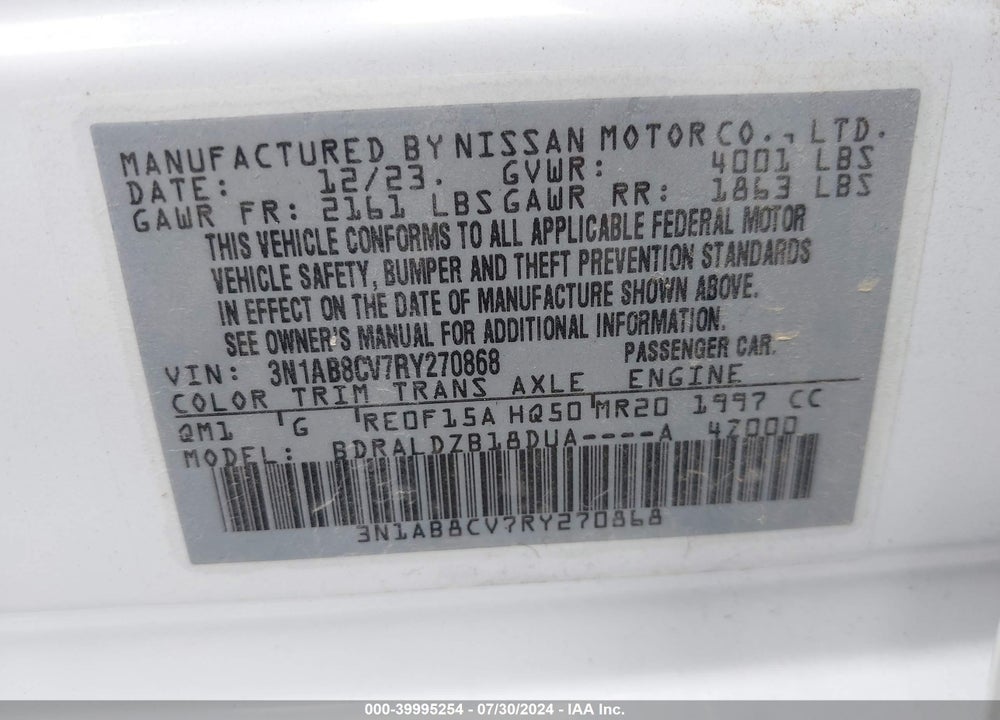 2024 NISSAN SENTRA SV XTRONIC CVT VIN: 3N1AB8CV7RY270868