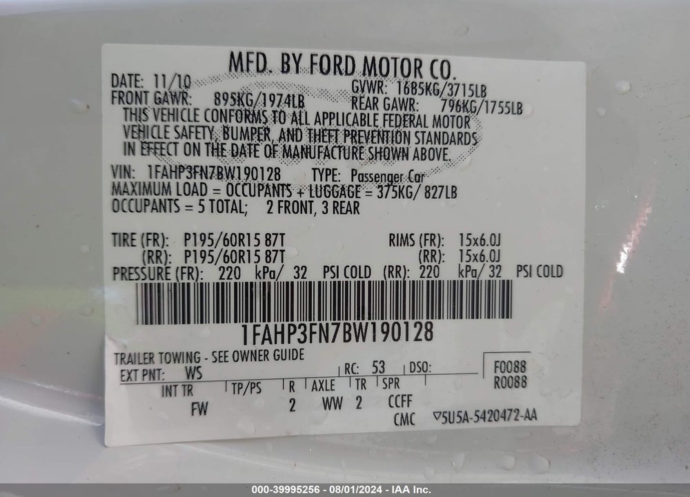 2011 FORD FOCUS VIN: 1FAHP3FN7BW190128